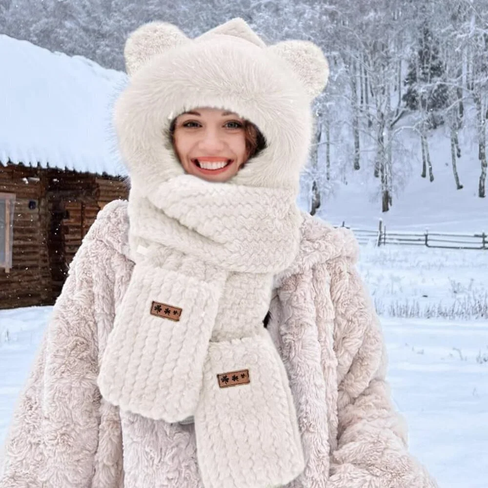 Women's White Hooded Scarf Cute Bear Ear Hat Faux Fur Gloves Set Soft
